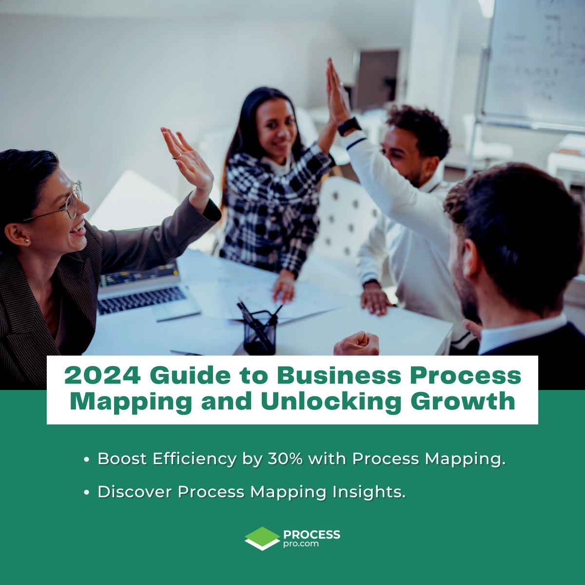 Team of professionals high-fiving around a conference table with the text '2024 Guide to Business Process Mapping and Unlocking Growth' below. ProcessPro logo at the bottom.