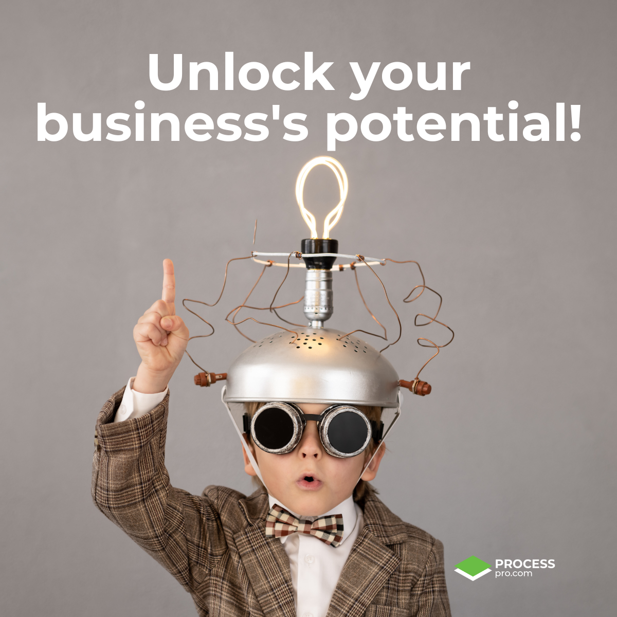 Young boy wearing a suit, goggles, and a makeshift helmet with a lightbulb on top, with the text 'Unlock your business's potential!' above. ProcessPro logo in the corner.